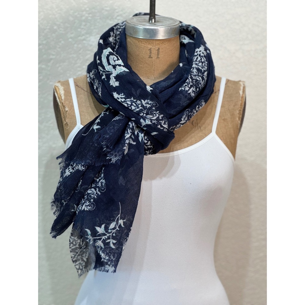 Navy Blue White Floral Print Lightweight Sheer Scarf Wrap Shawl‎